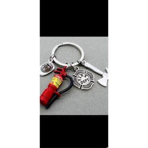 Firefighter Keychain Gift Fire Dept Axe Helmet Charm Set